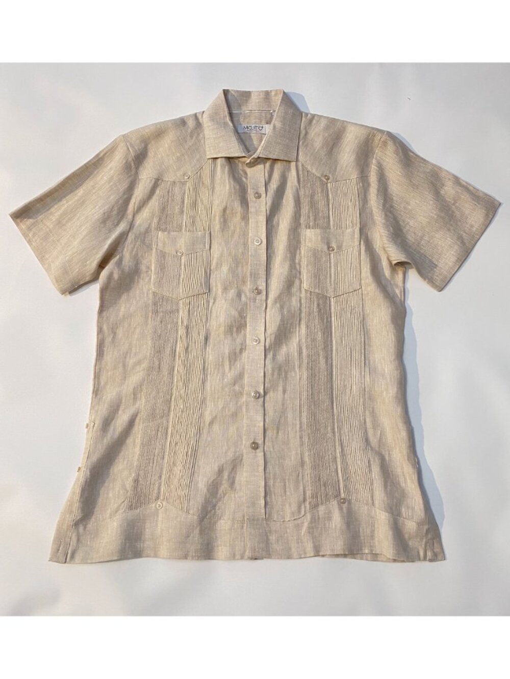 Linen Short Sleeve Fancy Guayabera – Tonal Pleats, Small, Light Tan